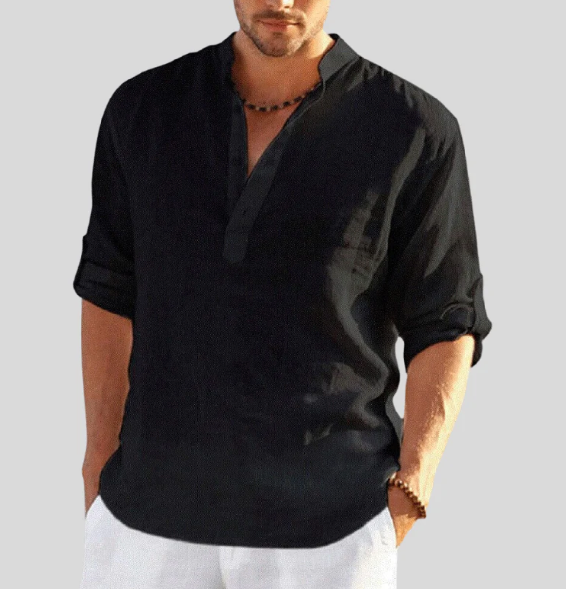 Out-Shine | Black linen shirt With collar