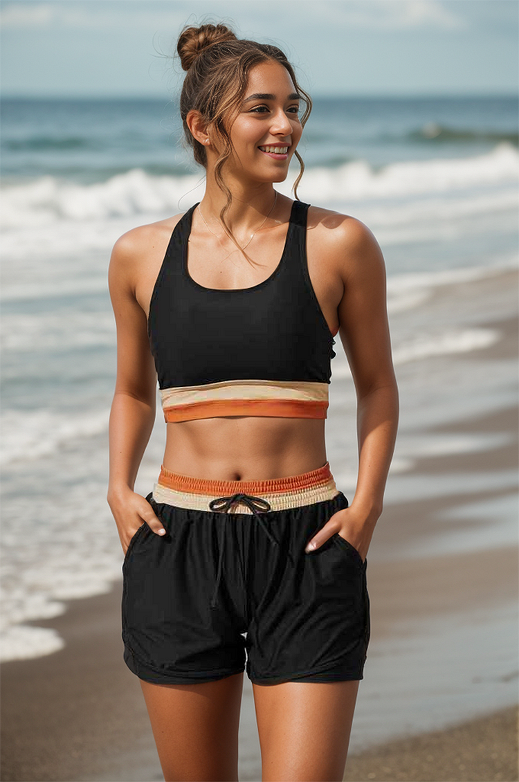 Out-Shine | Black Colorblock Zipper Back Sport Bikini Top with Boyshort Set