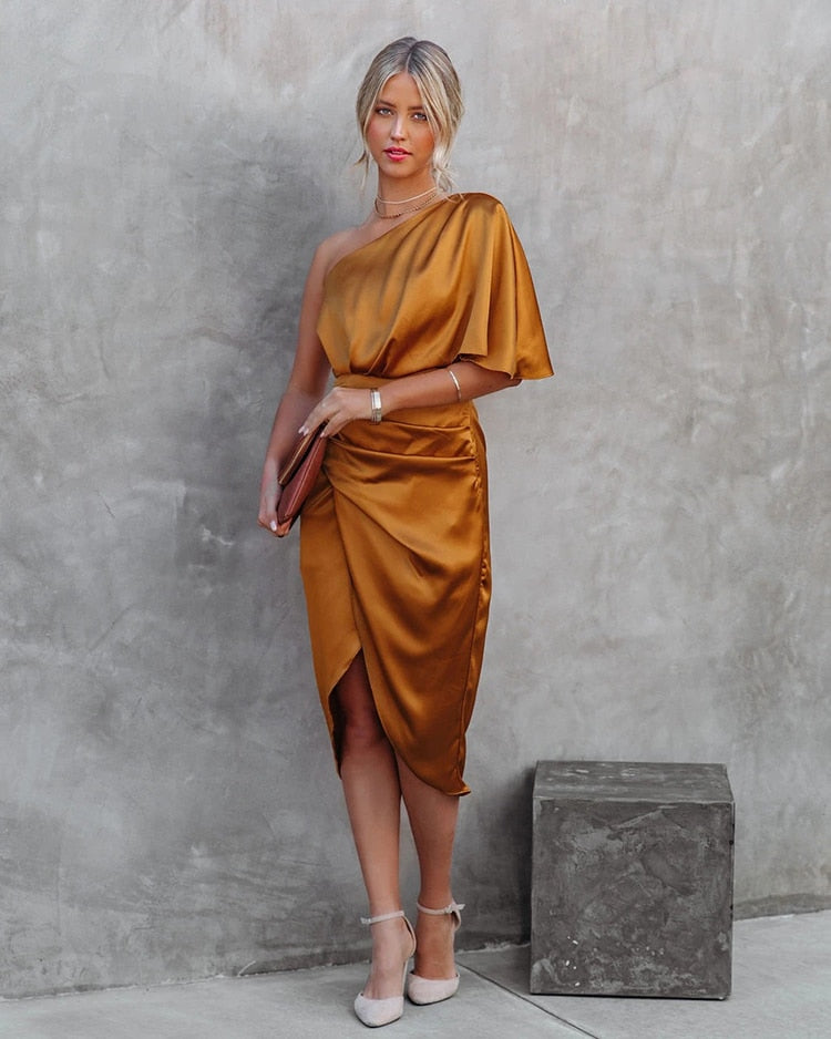 Out-Shine | Women's Elegant One Shoulder Tulip Dress Silk