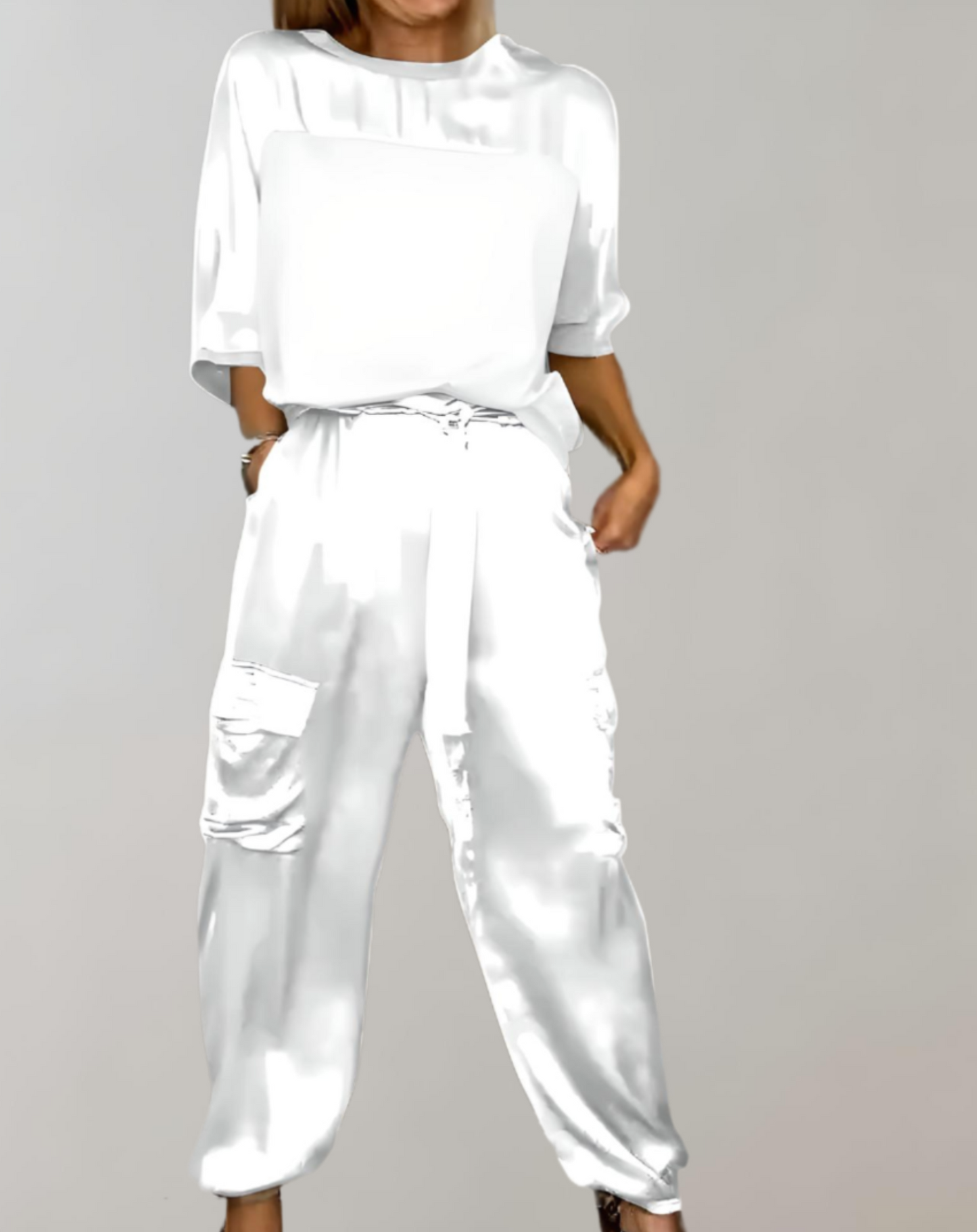 Out-Shine | 2-Piece Set | Elegant Satin Top with Satin Cargo Trousers