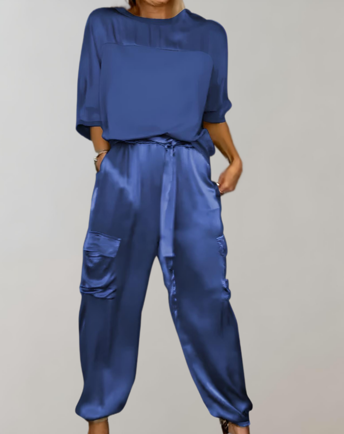 Out-Shine | 2-Piece Set | Elegant Satin Top with Satin Cargo Trousers
