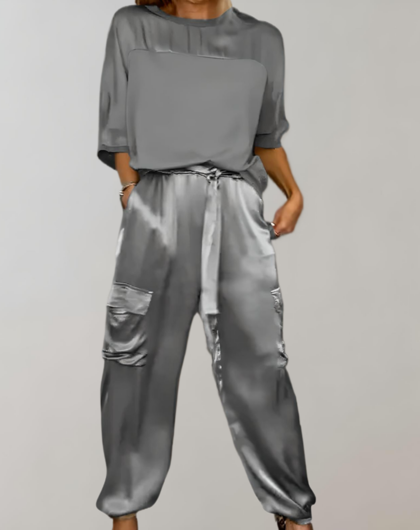 Out-Shine | 2-Piece Set | Elegant Satin Top with Satin Cargo Trousers