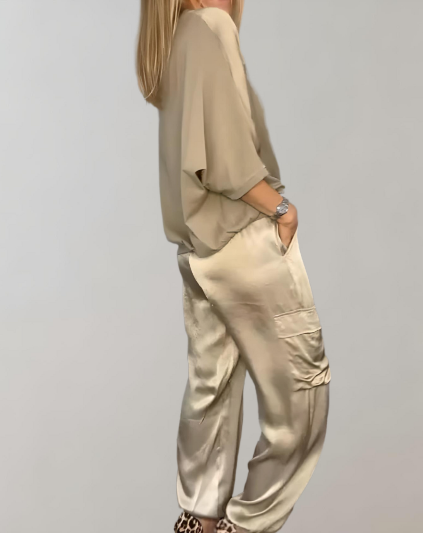 Out-Shine | 2-Piece Set | Elegant Satin Top with Satin Cargo Trousers