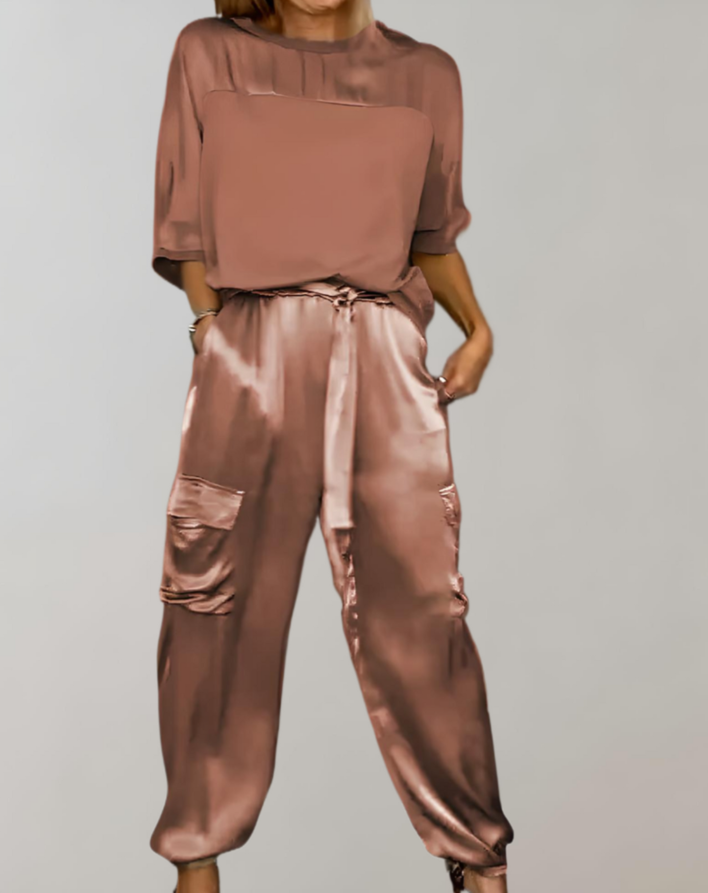Out-Shine | 2-Piece Set | Elegant Satin Top with Satin Cargo Trousers