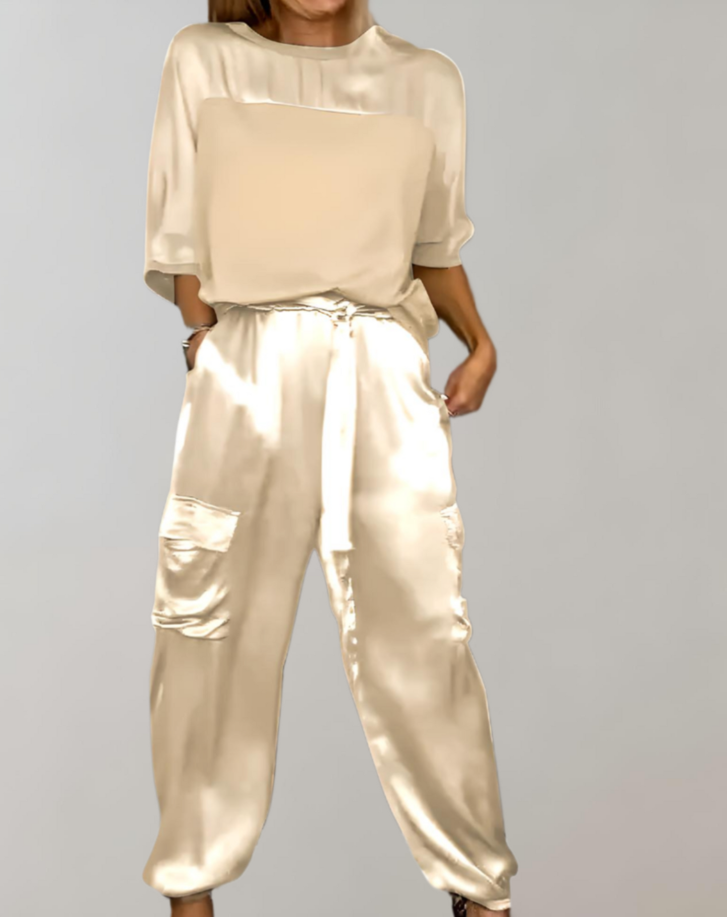 Out-Shine | 2-Piece Set | Elegant Satin Top with Satin Cargo Trousers