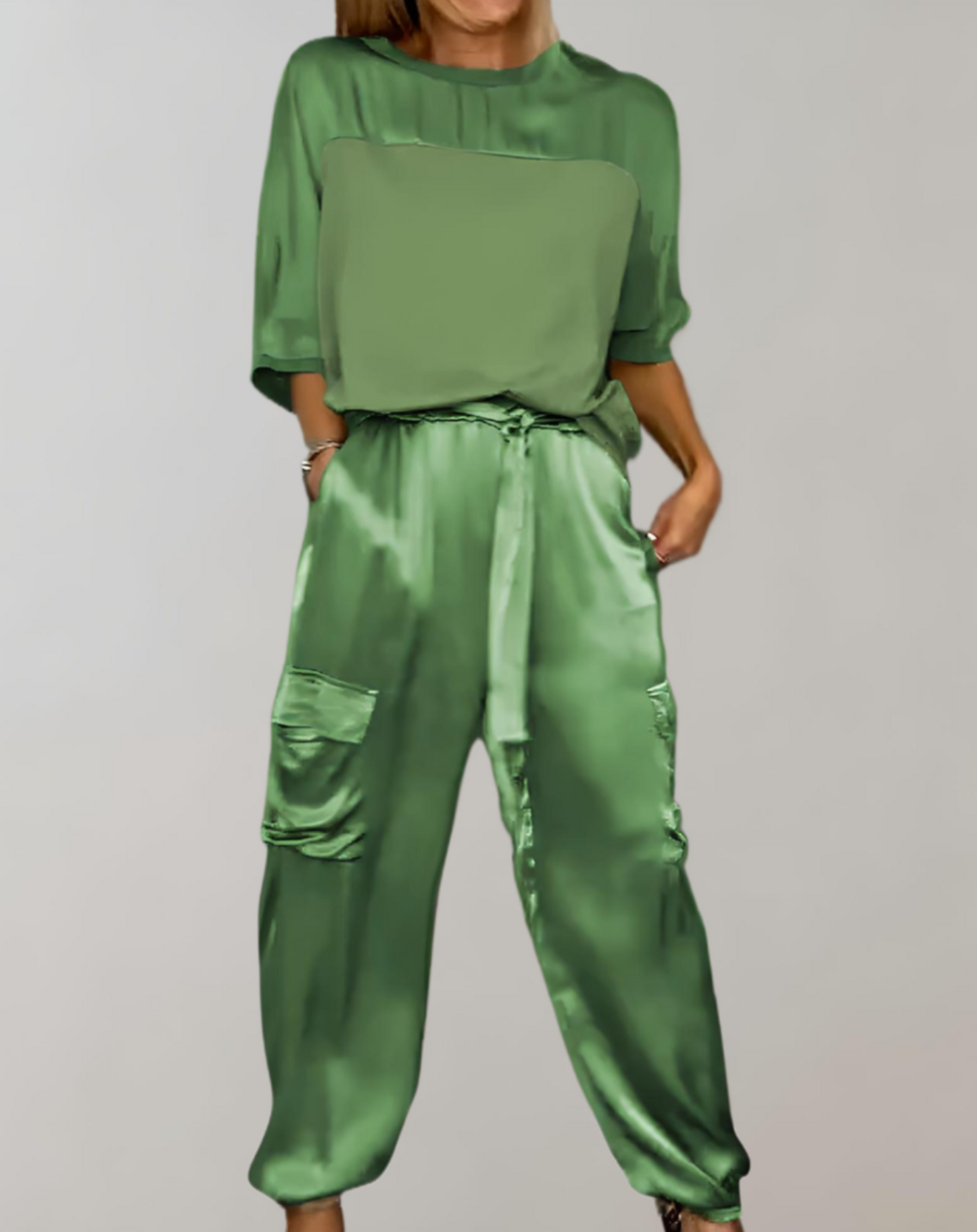 Out-Shine | 2-Piece Set | Elegant Satin Top with Satin Cargo Trousers
