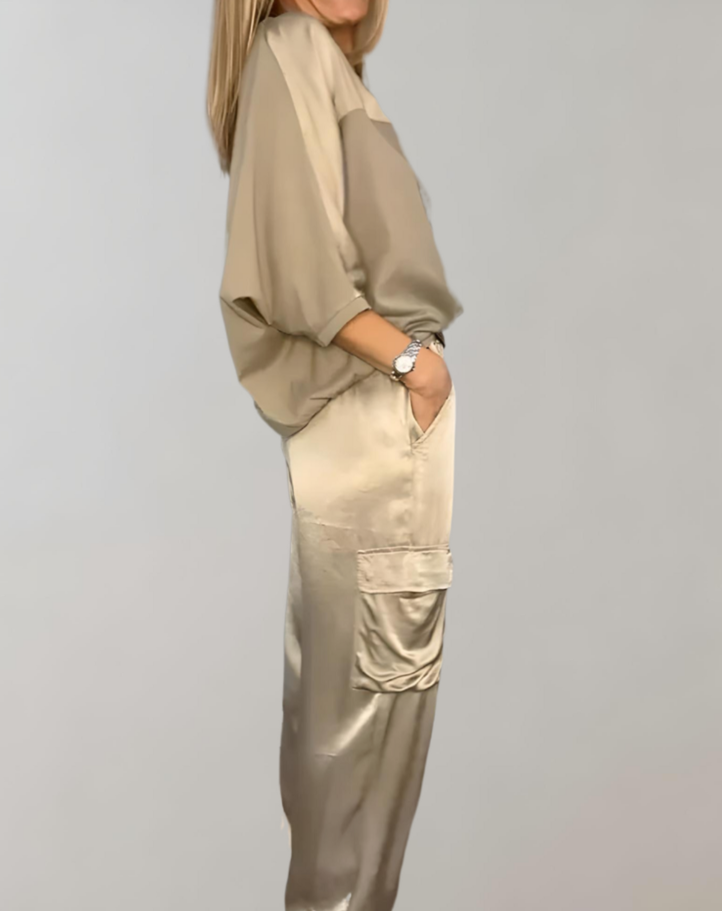 Out-Shine | 2-Piece Set | Elegant Satin Top with Satin Cargo Trousers