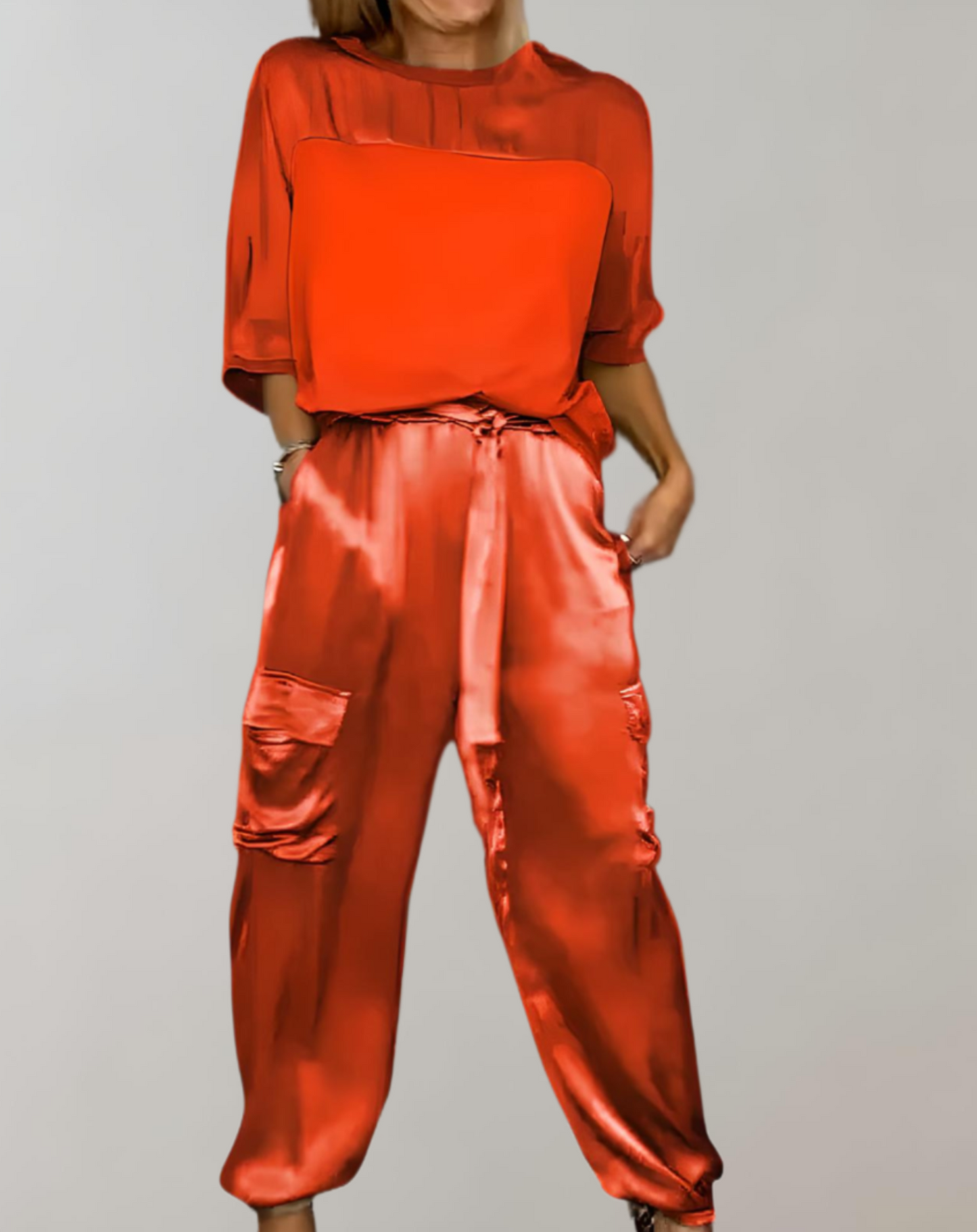Out-Shine | 2-Piece Set | Elegant Satin Top with Satin Cargo Trousers