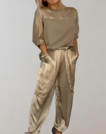 Out-Shine | 2-Piece Set | Elegant Satin Top with Satin Cargo Trousers