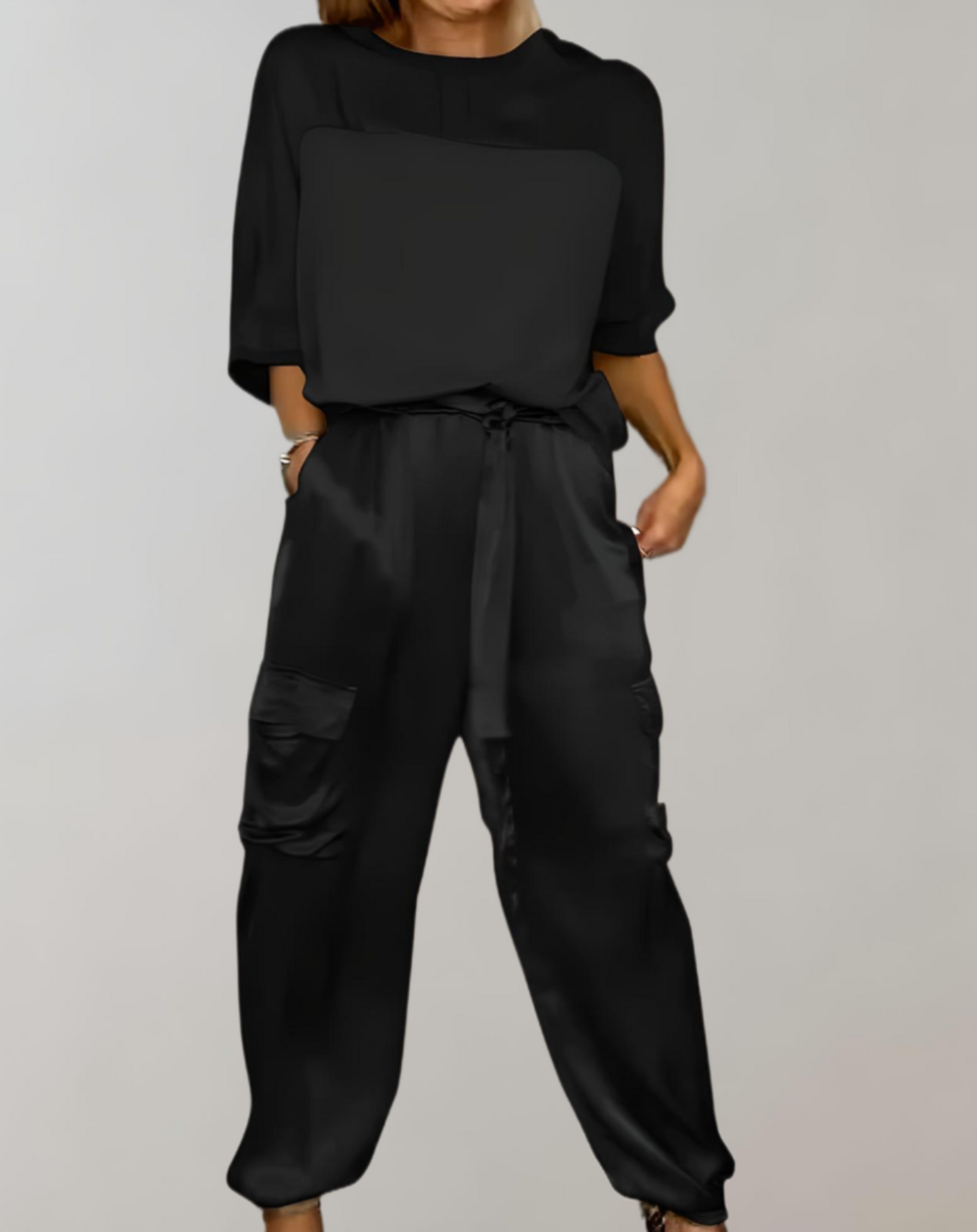 Out-Shine | 2-Piece Set | Elegant Satin Top with Satin Cargo Trousers