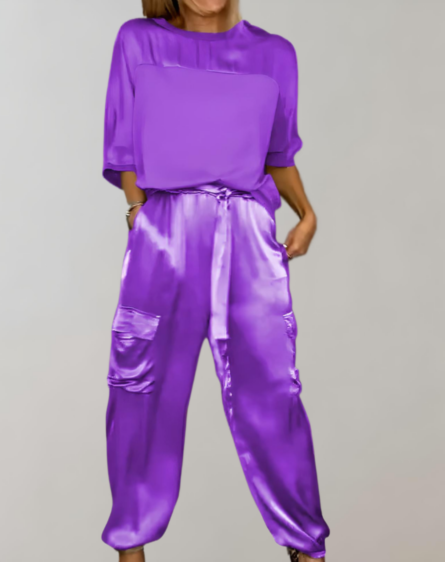 Out-Shine | 2-Piece Set | Elegant Satin Top with Satin Cargo Trousers