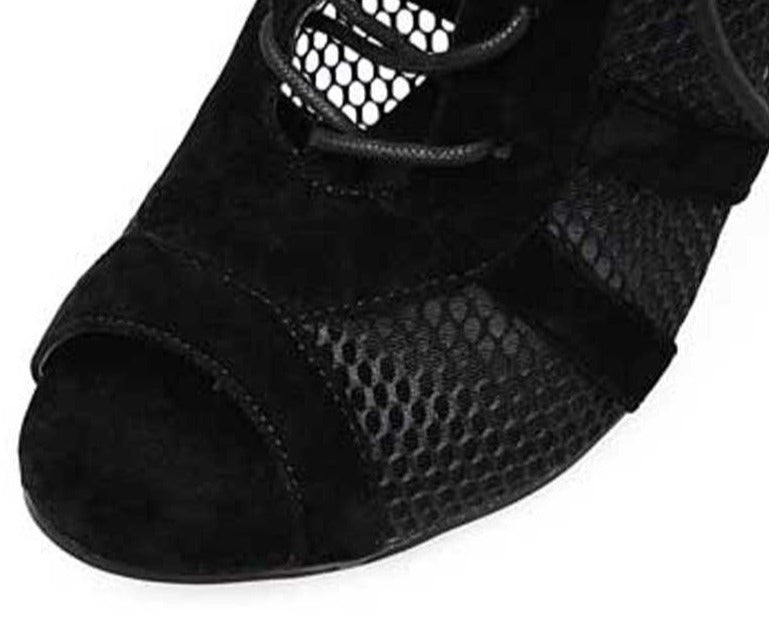 Out-Shine | Black Lace Peep Toe Net High Heel Ankle Boots