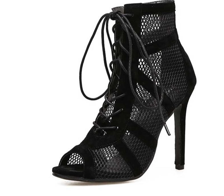 Out-Shine | Black Lace Peep Toe Net High Heel Ankle Boots