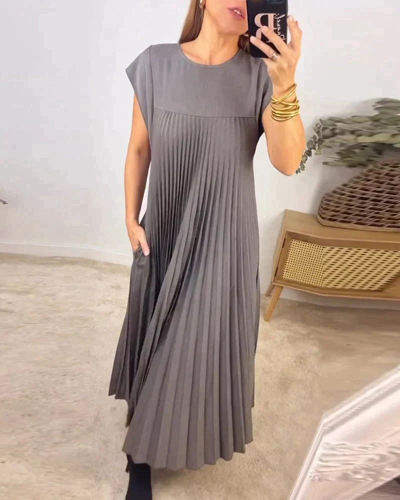 Out-Shine | Women's Long Pleated Dress Round Neck