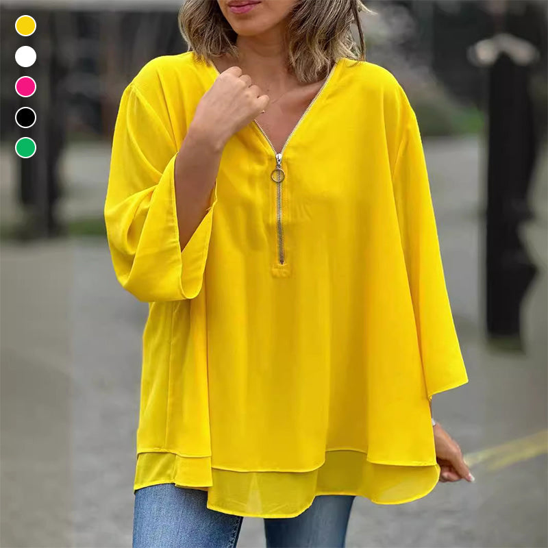Out-Shine | Chiffon zipper top with V-neck