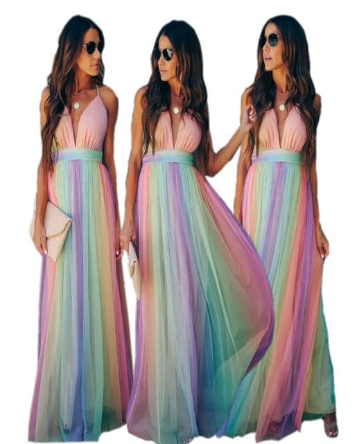 Out-Shine | Rainbow Spaghetti Wear Women Dress | Multicolor