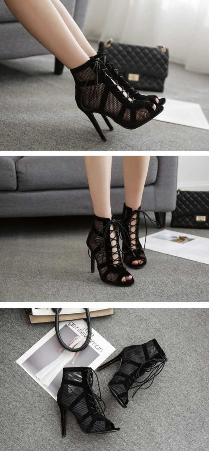 Out-Shine | Black Lace Peep Toe Net High Heel Ankle Boots