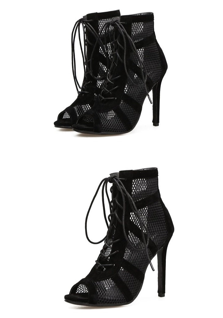 Out-Shine | Black Lace Peep Toe Net High Heel Ankle Boots