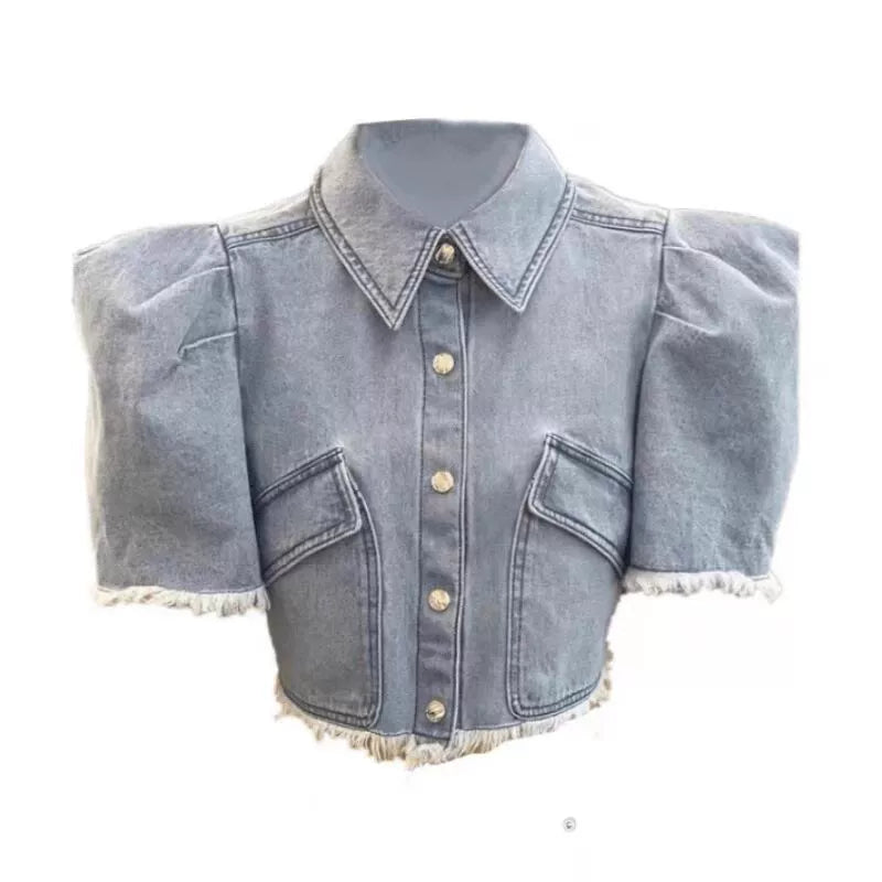 Out-Shine | Blue Denim French-Style Crop Top With Puff Sleeves