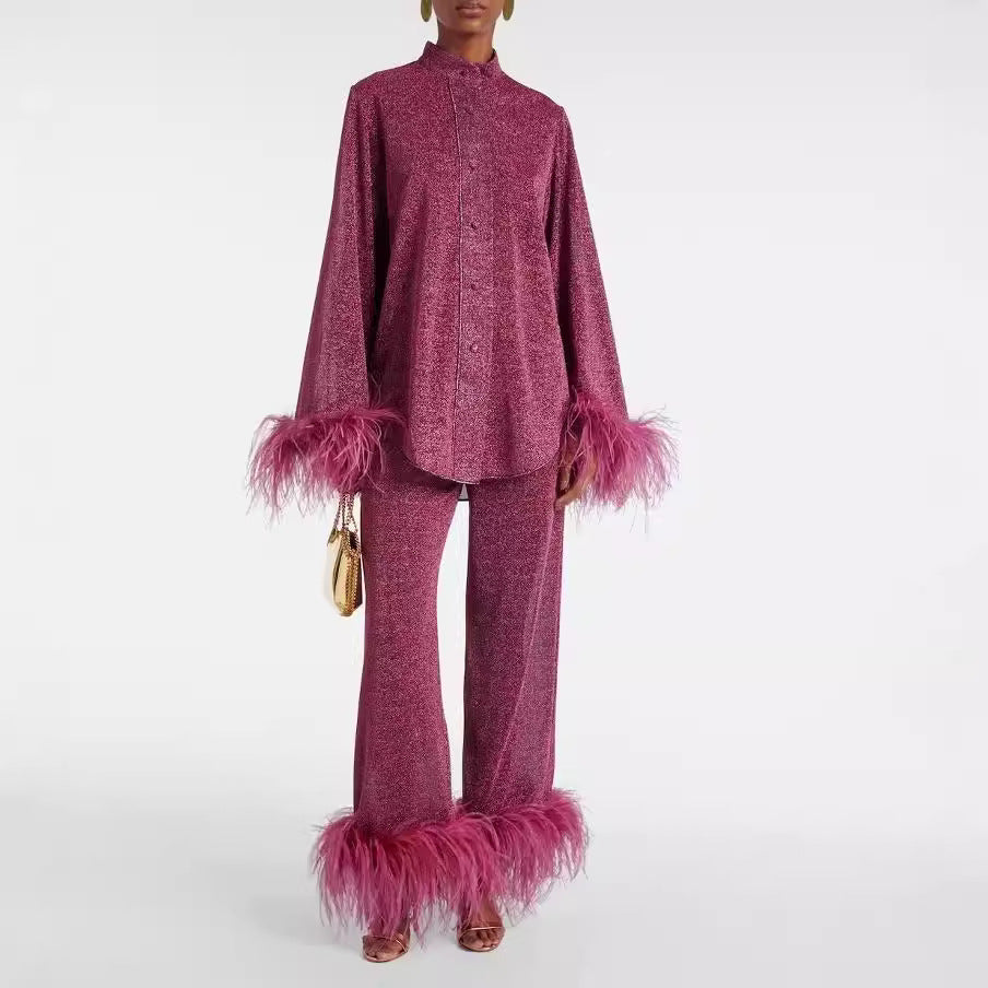 Out-Shine | Autumn winter feather standing collar long sleeve top and pants set