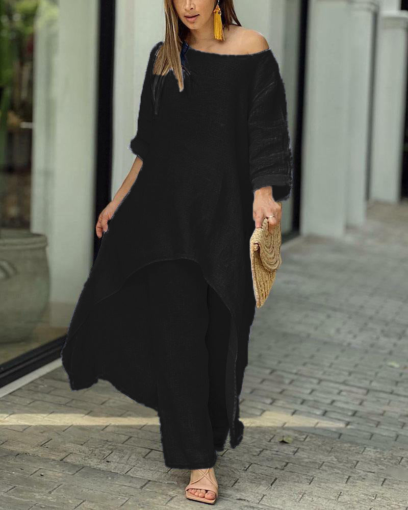 Out-Shine | Irregular cotton linen wide leg two-piece set
