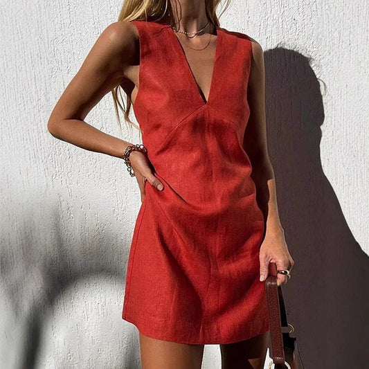 Out-Shine | Cotton linen V neck sleeveless Slim Fit tank dress