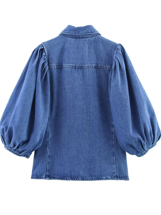 Out-Shine | Women's New Retro Style Collar Puff Sleeve Denim Shirt