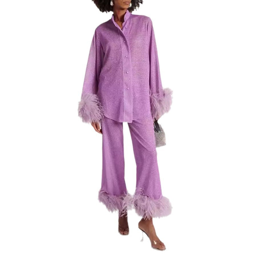 Out-Shine | Autumn winter feather standing collar long sleeve top and pants set