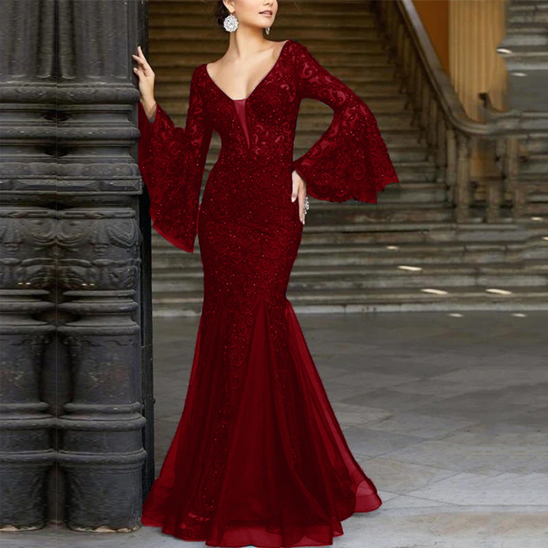 Out-Shine | Lace Embroidered Black Mermaid Evening Dress