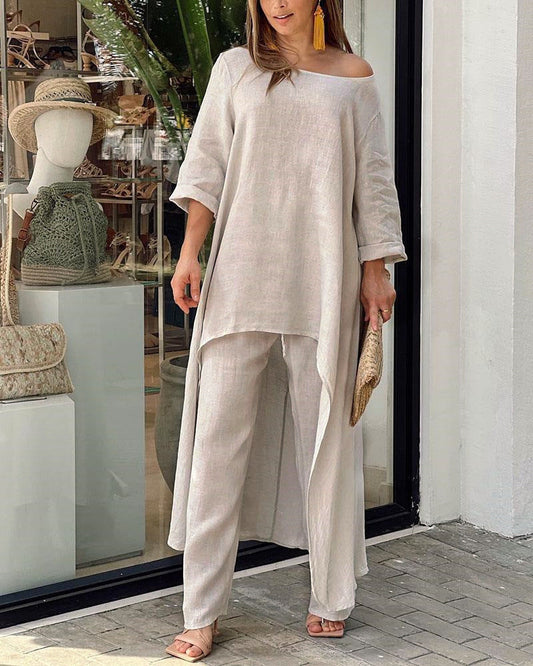 Out-Shine | Irregular cotton linen wide leg two-piece set