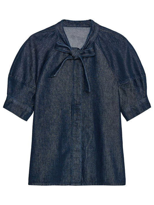 Out-Shine | Bow-Detailed Puff Short Sleeve Round Neck Denim Shirt
