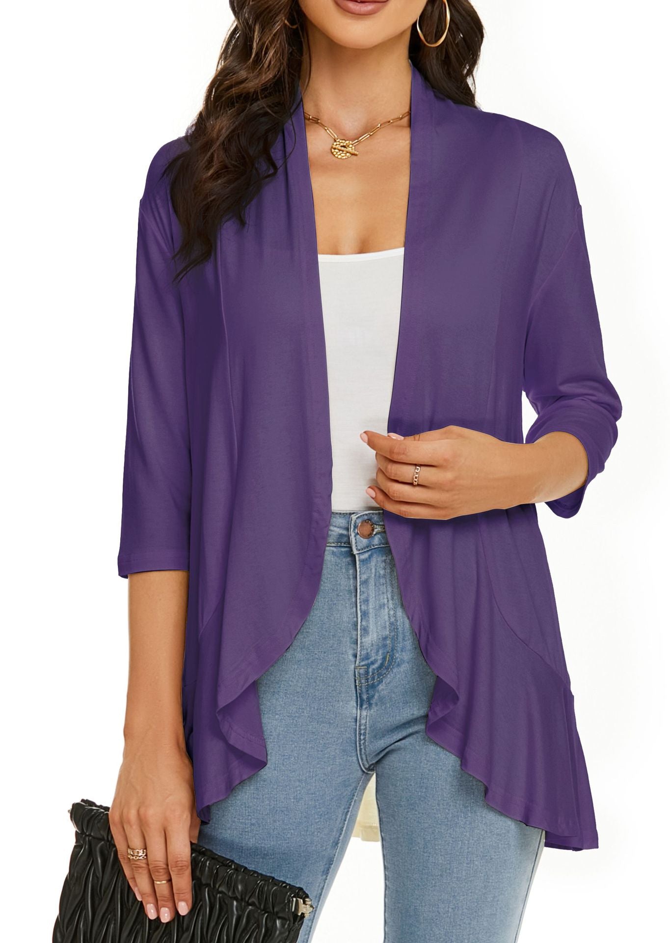 Out-Shine | Single color cardigan with seven quarter sleeves and ruffle border
