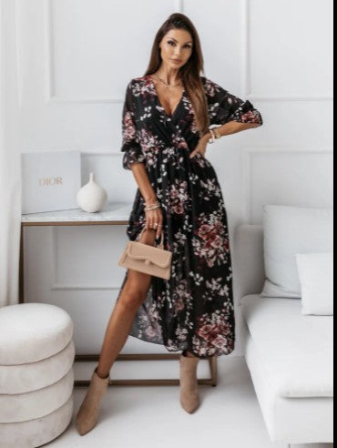 Deslumbra | Vestido largo estampado de gasa con abertura y manga corta 