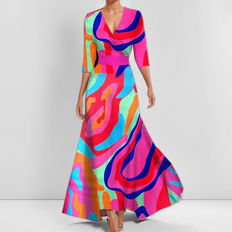 Out-Shine | Black V neckline printed waist dress with booties