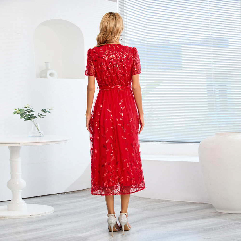 Out-Shine | Short Sleeve Cross V Neck Belt Midi Dress