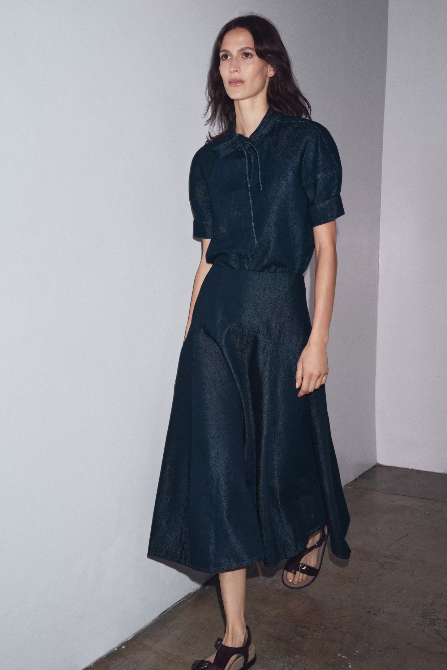 Out-Shine | Bow-Detailed Puff Short Sleeve Round Neck Denim Shirt