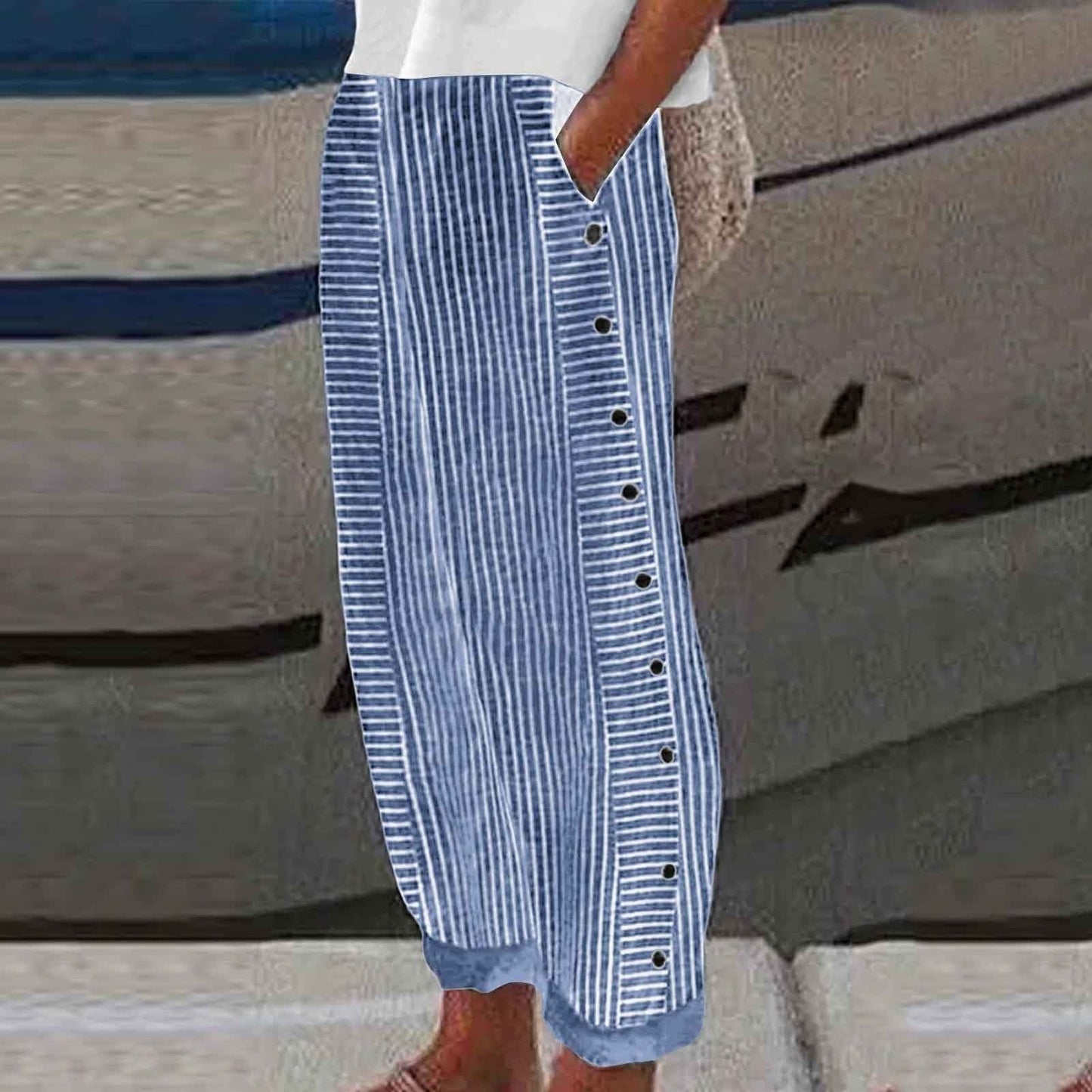 Out-Shine | Striped Button-Accent Pants