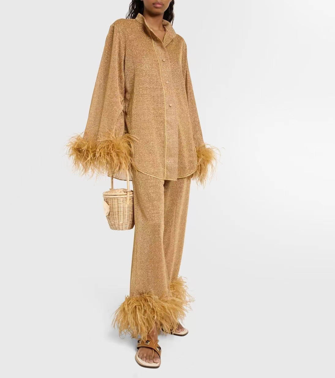 Out-Shine | Autumn winter feather standing collar long sleeve top and pants set