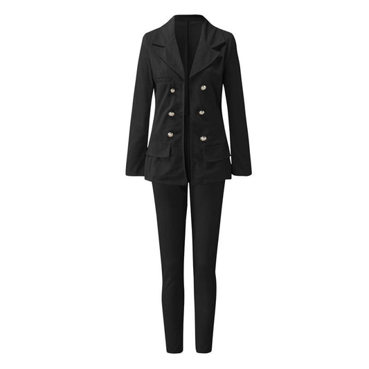 Black suit with double-breasted jacket and pants on a white background