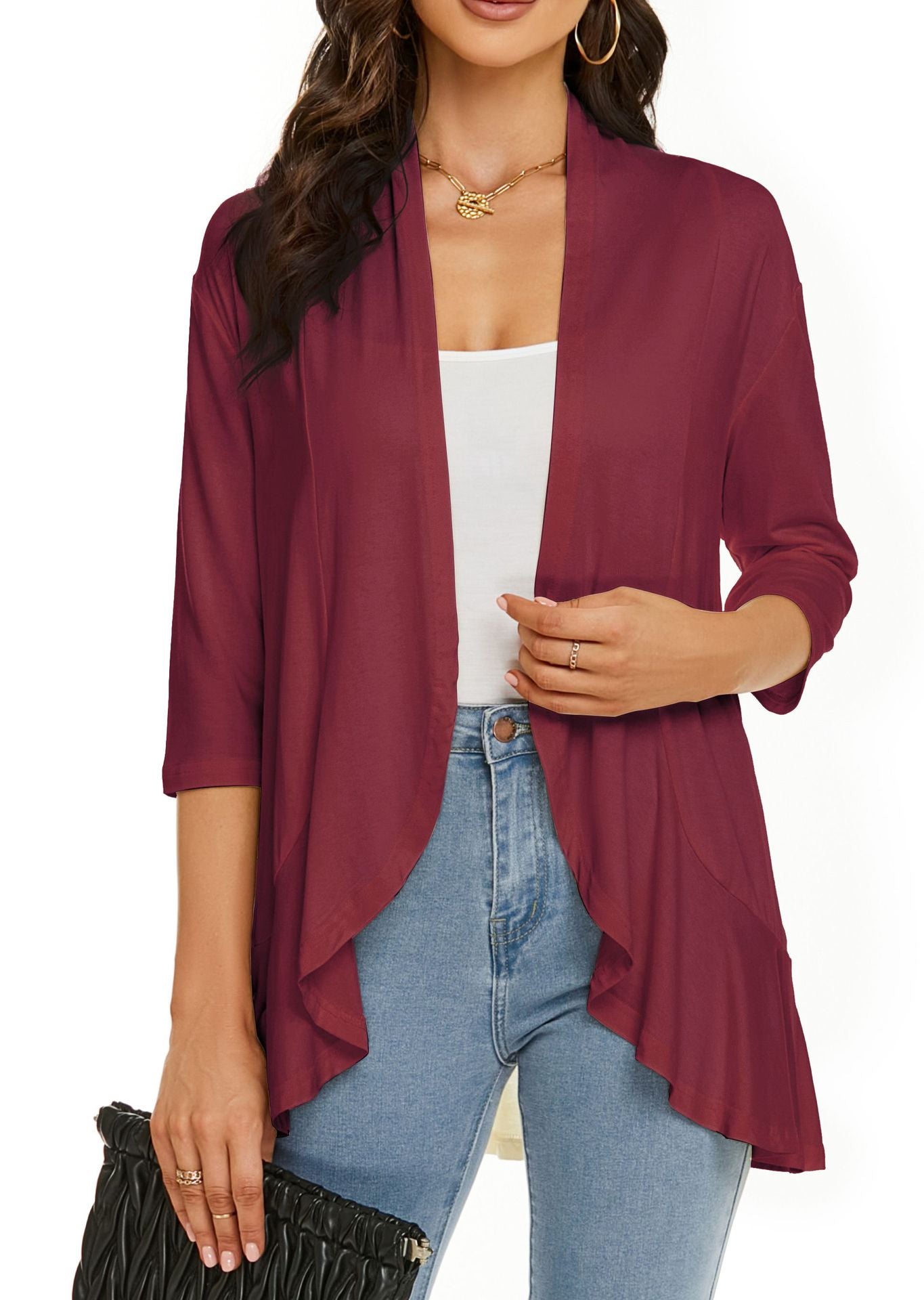 Out-Shine | Single color cardigan with seven quarter sleeves and ruffle border