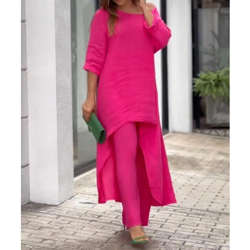 Out-Shine | Irregular cotton linen wide leg two-piece set