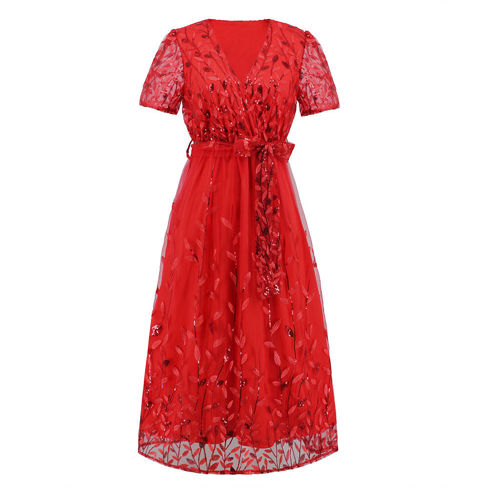 Out-Shine | Short Sleeve Cross V Neck Belt Midi Dress