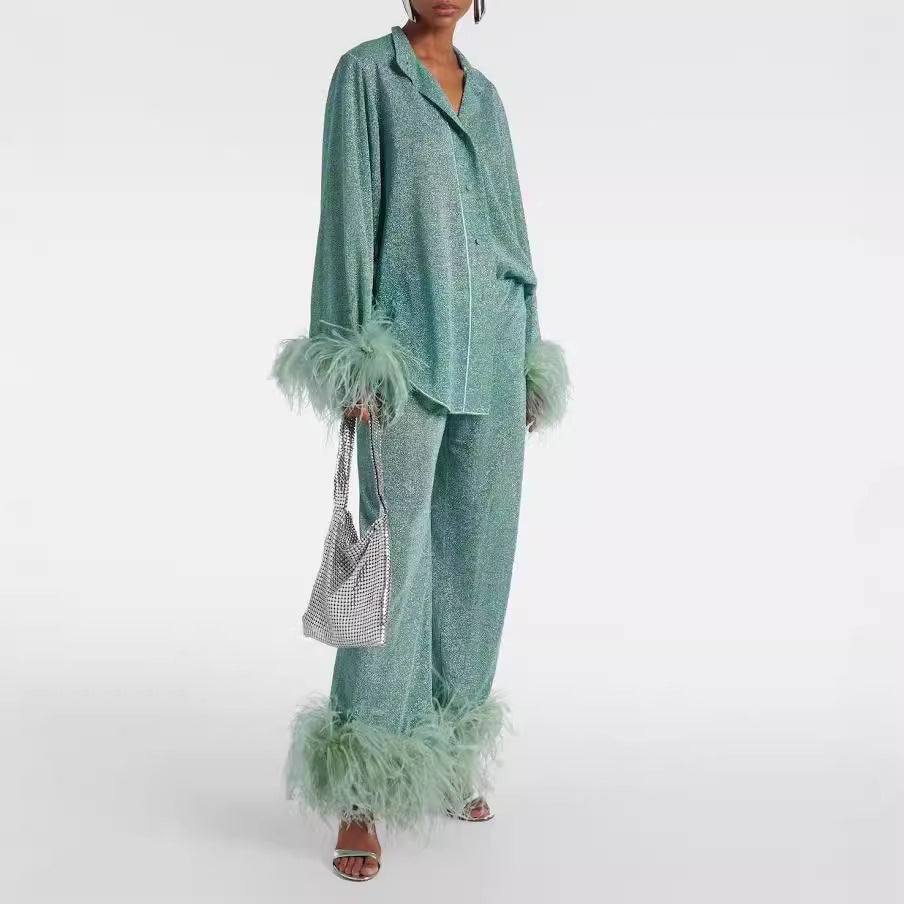 Out-Shine | Autumn winter feather standing collar long sleeve top and pants set
