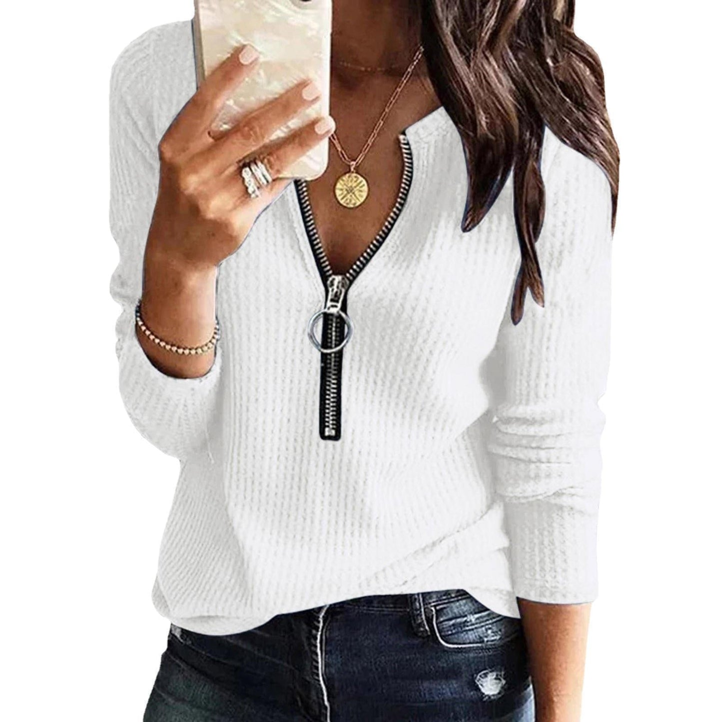 Out-Shine | Waffle Knit Zipper Top