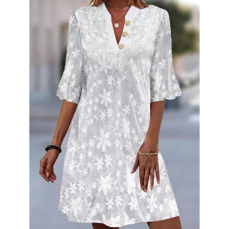 Out-Shine | Embroidered Three Quarter Sleeve V Neck Button Dress