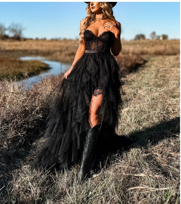 Deslumbra | Vestido largo Pure Desire de encaje de malla elástica con estampado de espiga