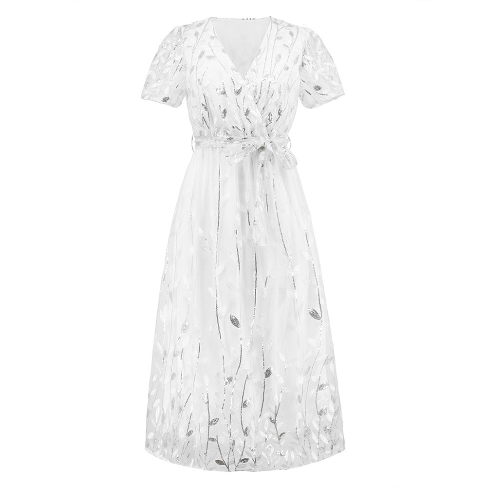 Out-Shine | Short Sleeve Cross V Neck Belt Midi Dress