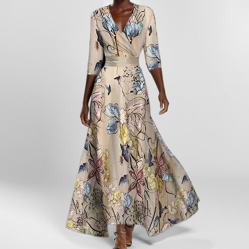 Out-Shine | Black V neckline printed waist dress with booties
