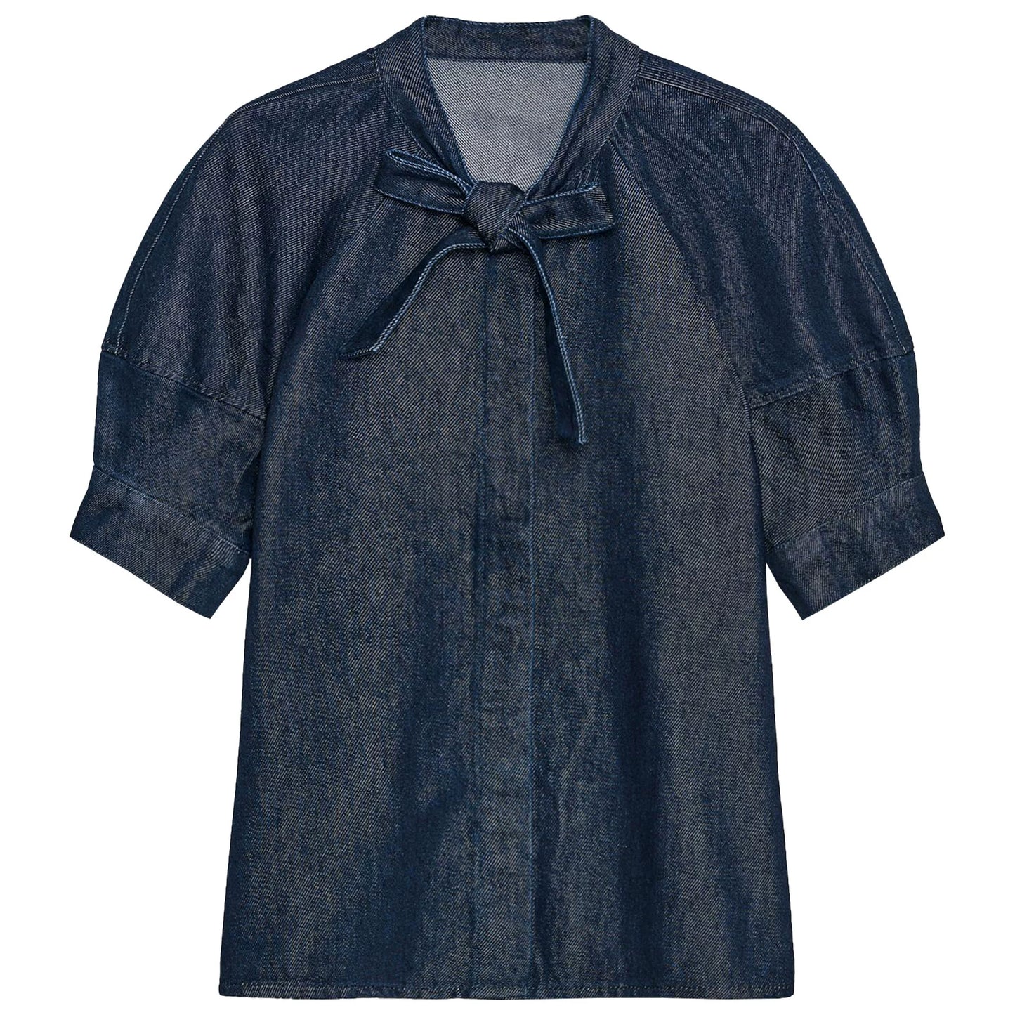 Out-Shine | Bow-Detailed Puff Short Sleeve Round Neck Denim Shirt
