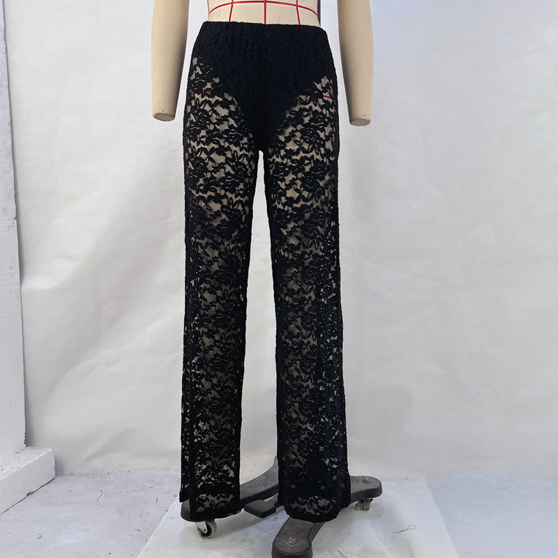Out-Shine | Lace perspective high waist splice long straight pants